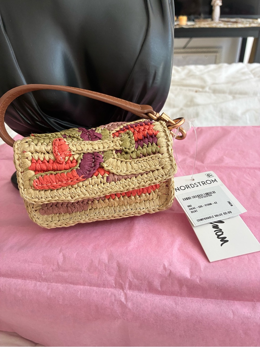 Nordstrom Straw Mini Crossbody with Pink, Green & Purple Crochet Accents